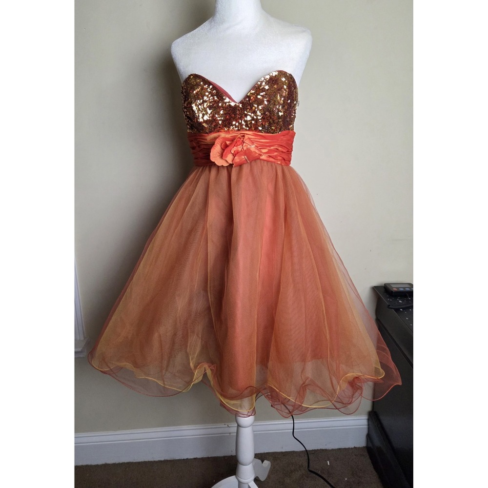 Cinderella Prom Dress Womens 6 Orange Sequin Strapless Tulle Homecoming Cocktail